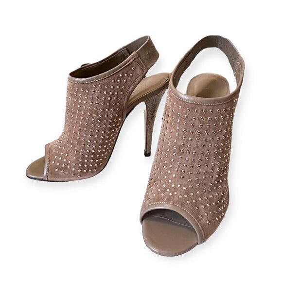Jenni Kayne Gauntlet Studded Suede Slingback Sandals, Taupe, Size 38EU, New in B - Picture 1 of 15